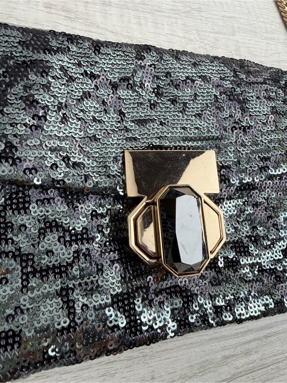 Deux Lux Sequin Shoulder Bag Black Silver Clutch Purse - Picture 5 of 15